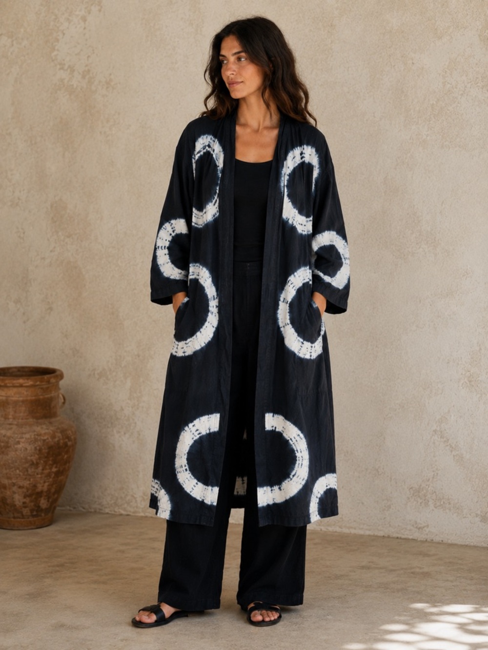 Scott x Scott Indigo Shibori Circle Print Long Duster Cardigan